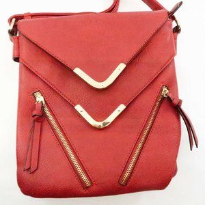 Red vegan Faux leather crossbody bag Gold Zippers 9"x10" tall